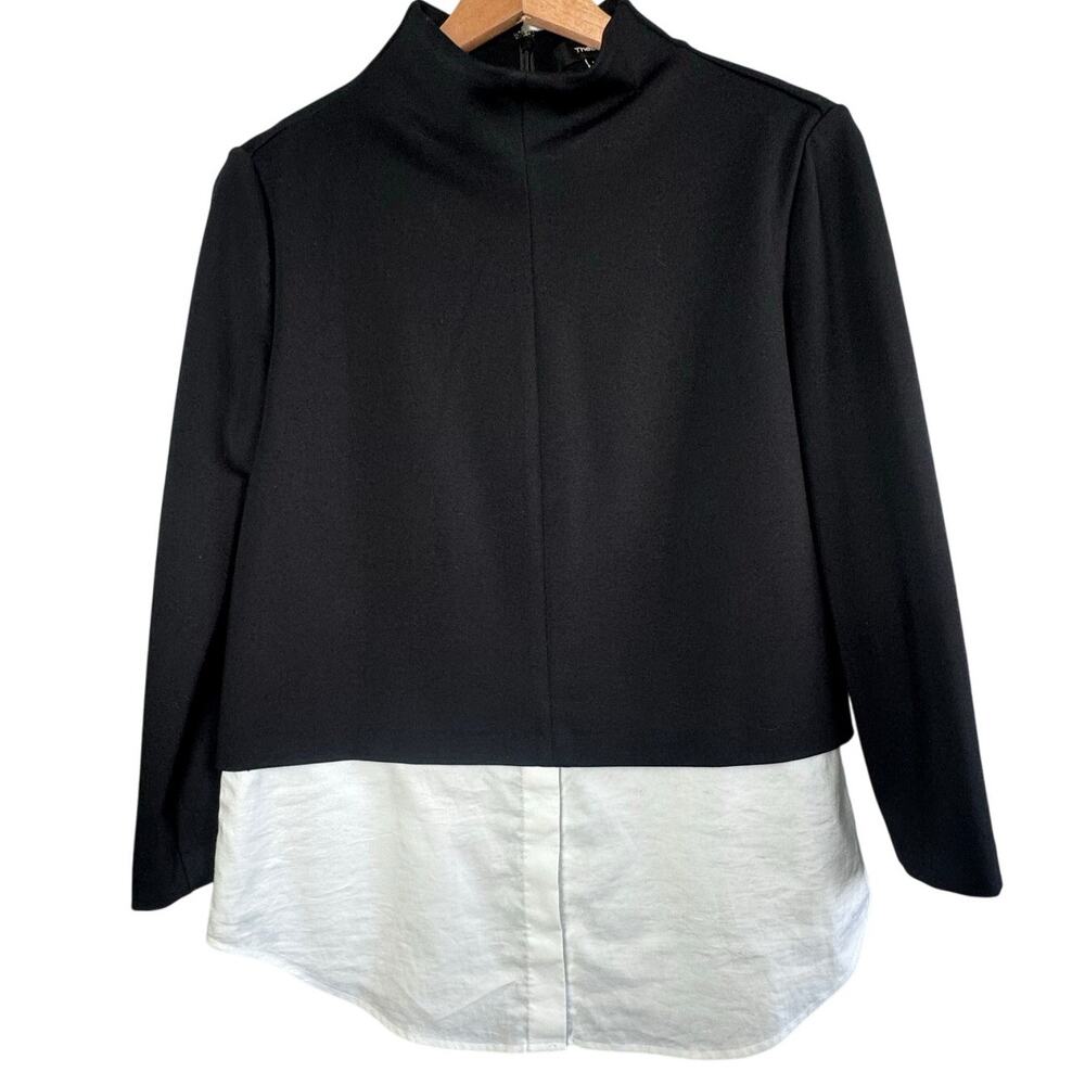 Theory Black and White Mixed-Media Mock Neck Blouse